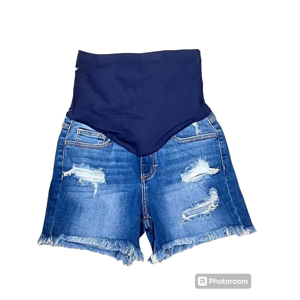 PinkBlush Maternity Shorts Med Wash Blue Denim Distressed Full Belly Panel Small